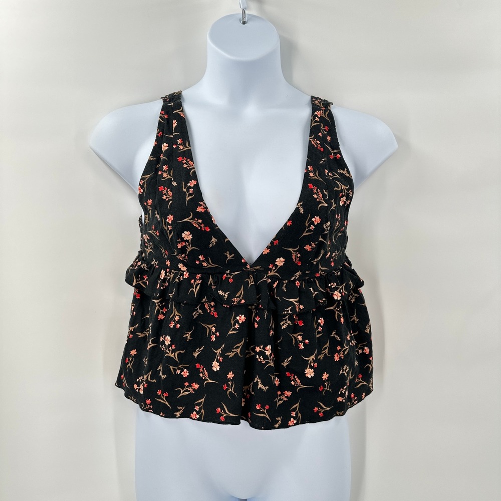 Indie Floral Babydoll Deep V Neck Tank Top‎ Ruffles Fairy Romantic Linen Blend
